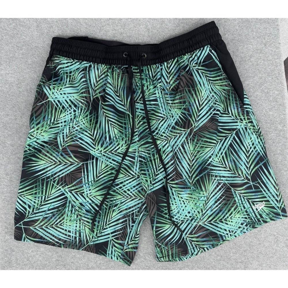 Speedo XL Swim Trunks 7" Inseam Green Palm Leaf Black Volley Shorts‎